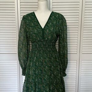 Max Studio Forest Green Floral V-Neck Long Sleeve Maxi Dress